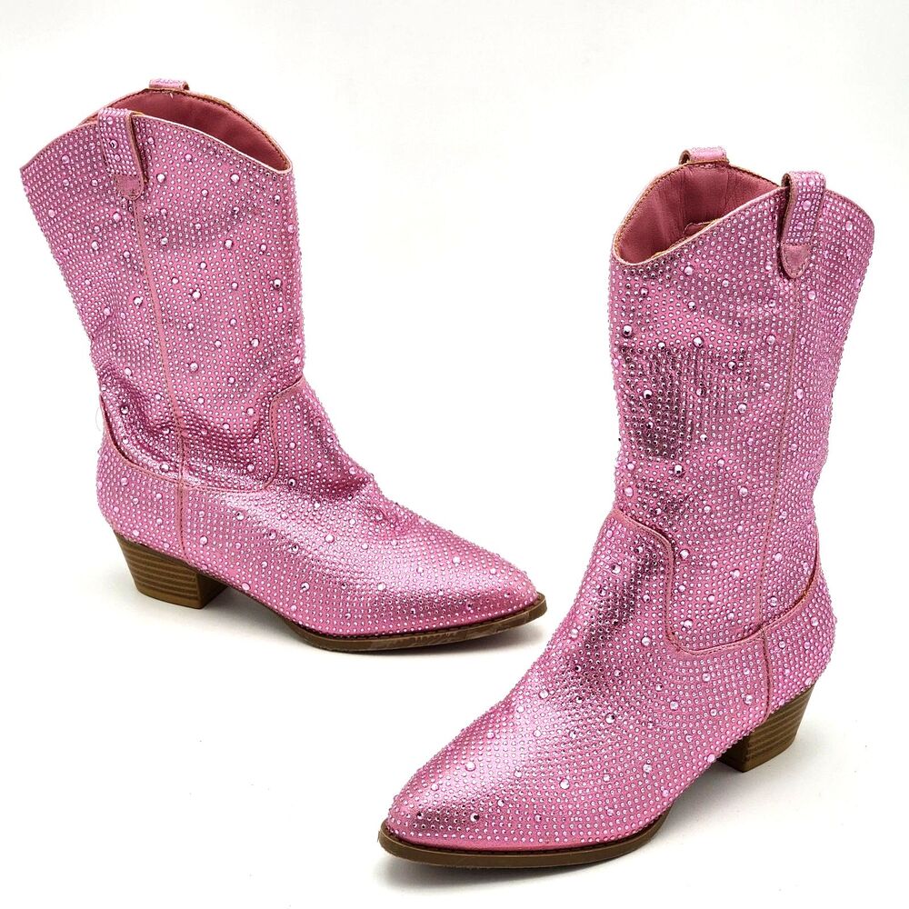 Link Kids Western Cowboy Sparkle Rhinestone Heeled Boots Pink Big Kid's Size 4